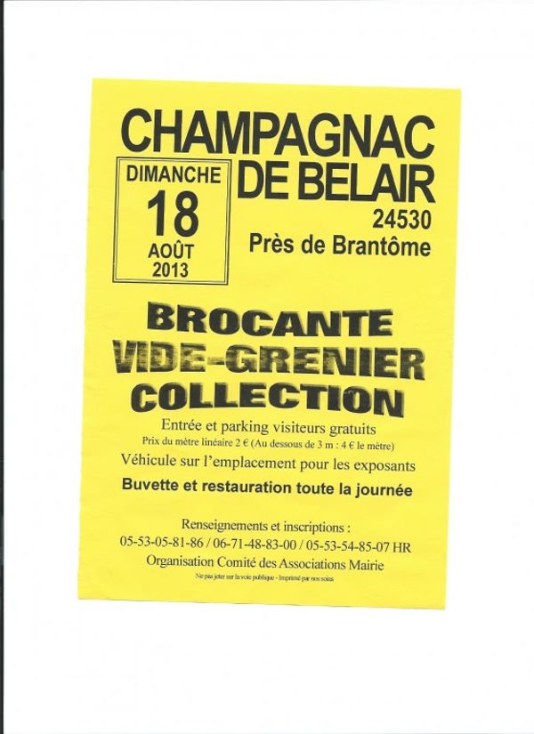 Champagnac de Belair, Dordogne, un vide grenier le 18 août 2013, un marché festif le 20 août 2013