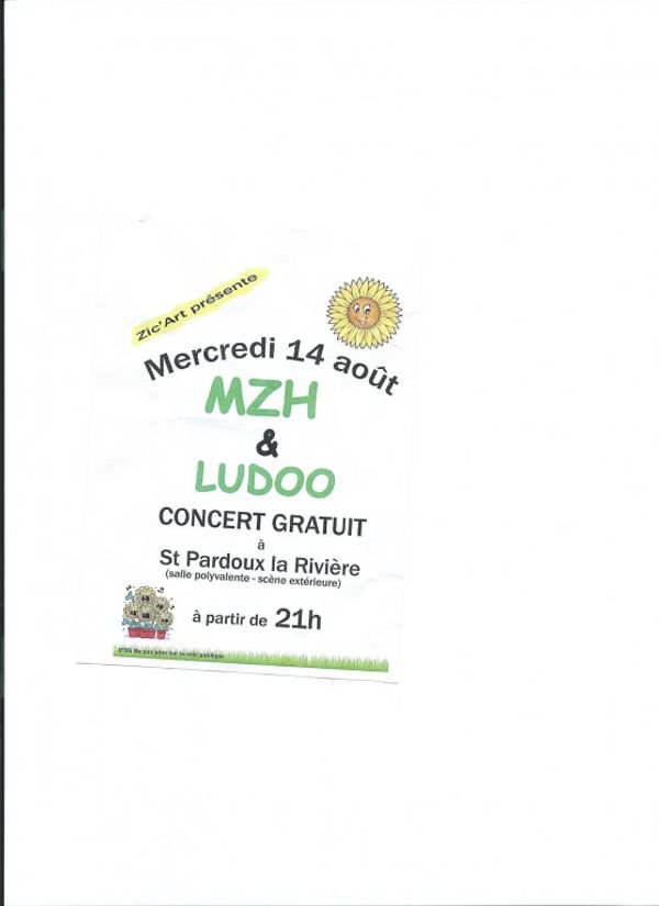 Concert Gratuit Saint Pardoux la Rivière le mercredi 14 Août 2013, Groupe MZH&LUDOO, Dordogne