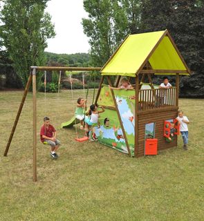 Grand chêne Aire de jeux en bois pour enfant - 4 agrès + maisonnette N
