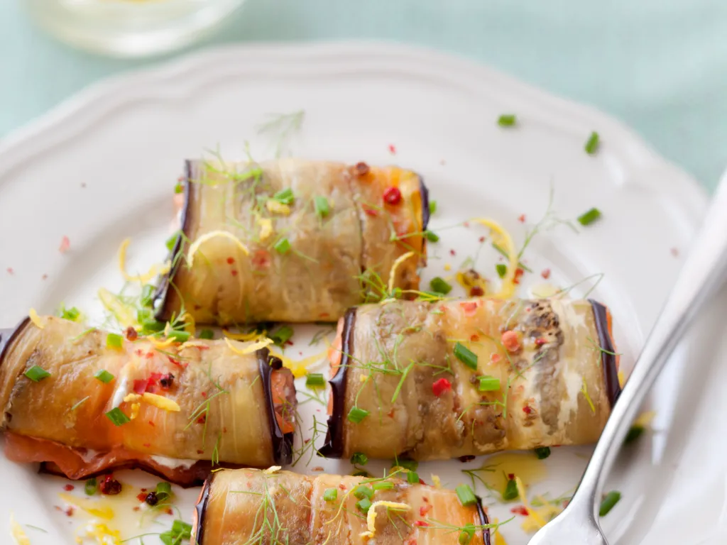 calin d'aubergine grillée au saumon fumé