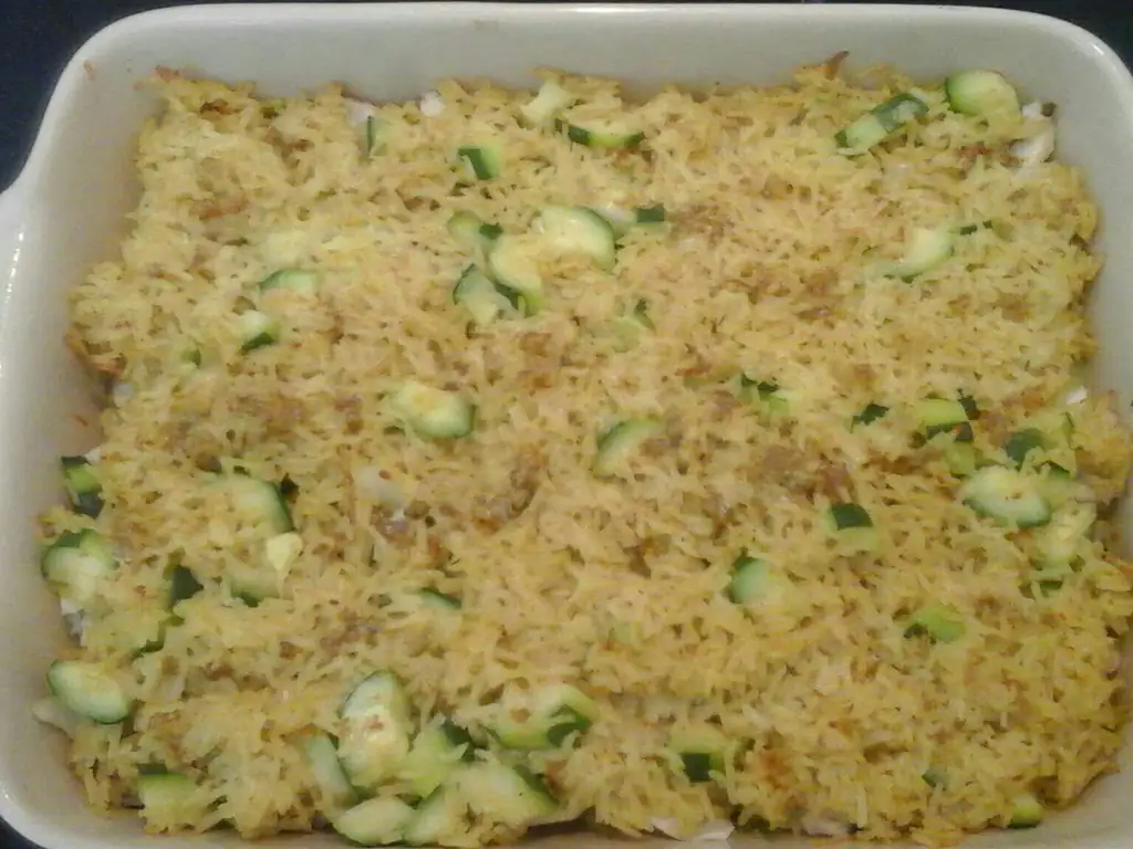 gratin de poisson, courgettes et riz au curry