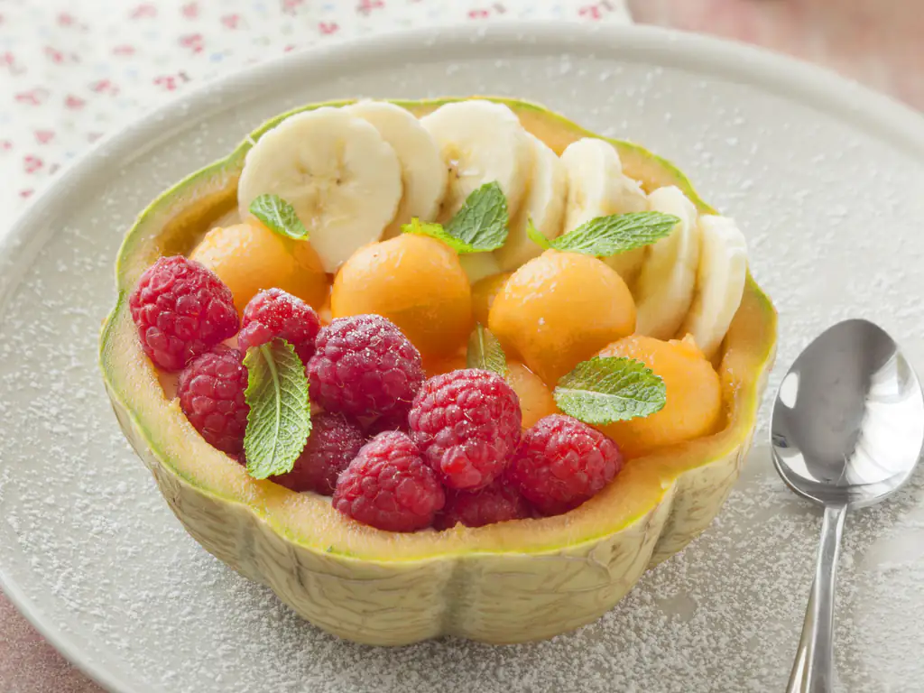 dessert de melon framboises bananes