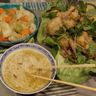 Cailles en tempura, soupe de nouilles et légumes au bouillon