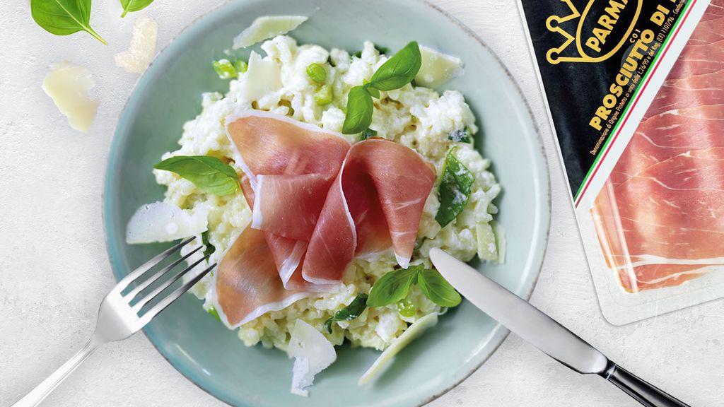 Risotto au Jambon de Parme AOP, ricotta et jeunes pousses d’épinards