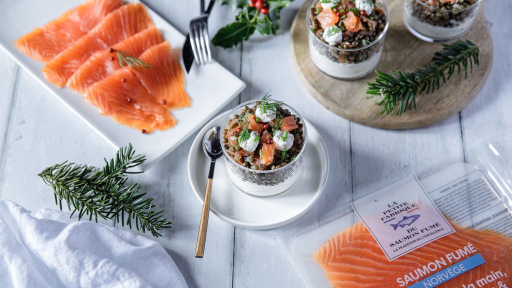 Verrines de salade de lentilles au saumon fumé