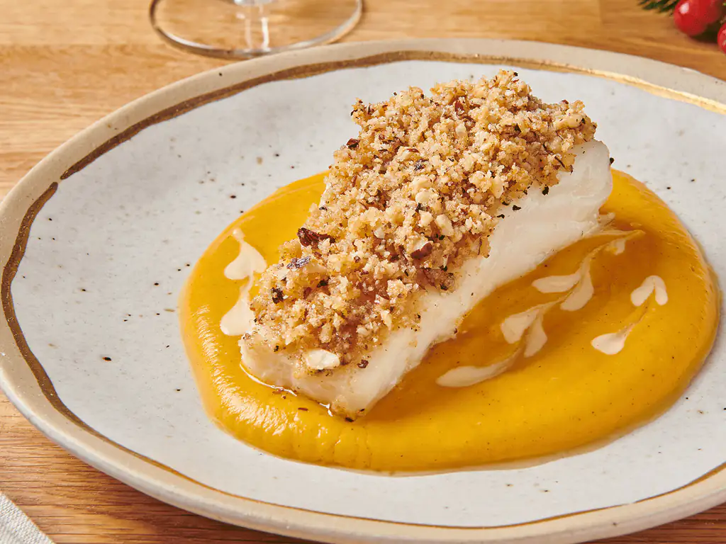 dos de cabillaud croustillant aux noisettes courge butternut à la cannelle