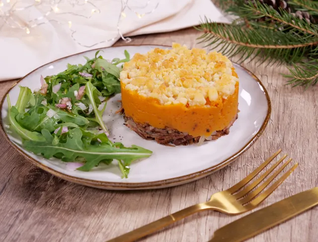Crumble hachis parmentier de canard patate douce aux épices : recette