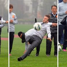 Beckham se cae y muestra el torso en su visita a China