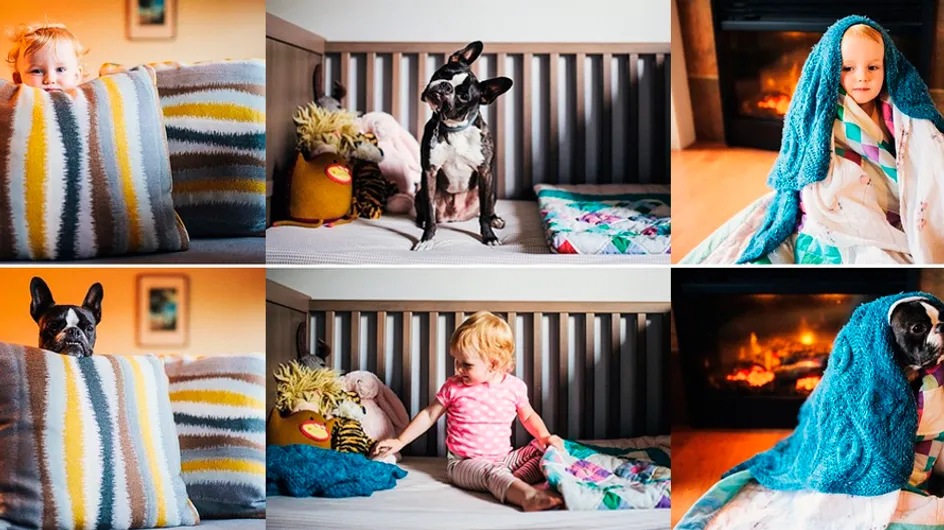 Bebê e cachorro são fotografados em cenários e poses idênticas