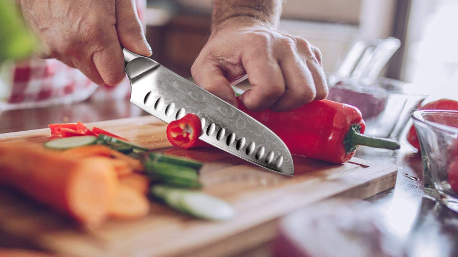 Kicchin Couteaux de Chef Japonais en Acier Damas - Poignée en résine rouge