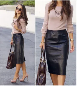 Cuero Leather Skirt Outfit, Brown Leather Skirt Outfit, Fashion Outfits |  