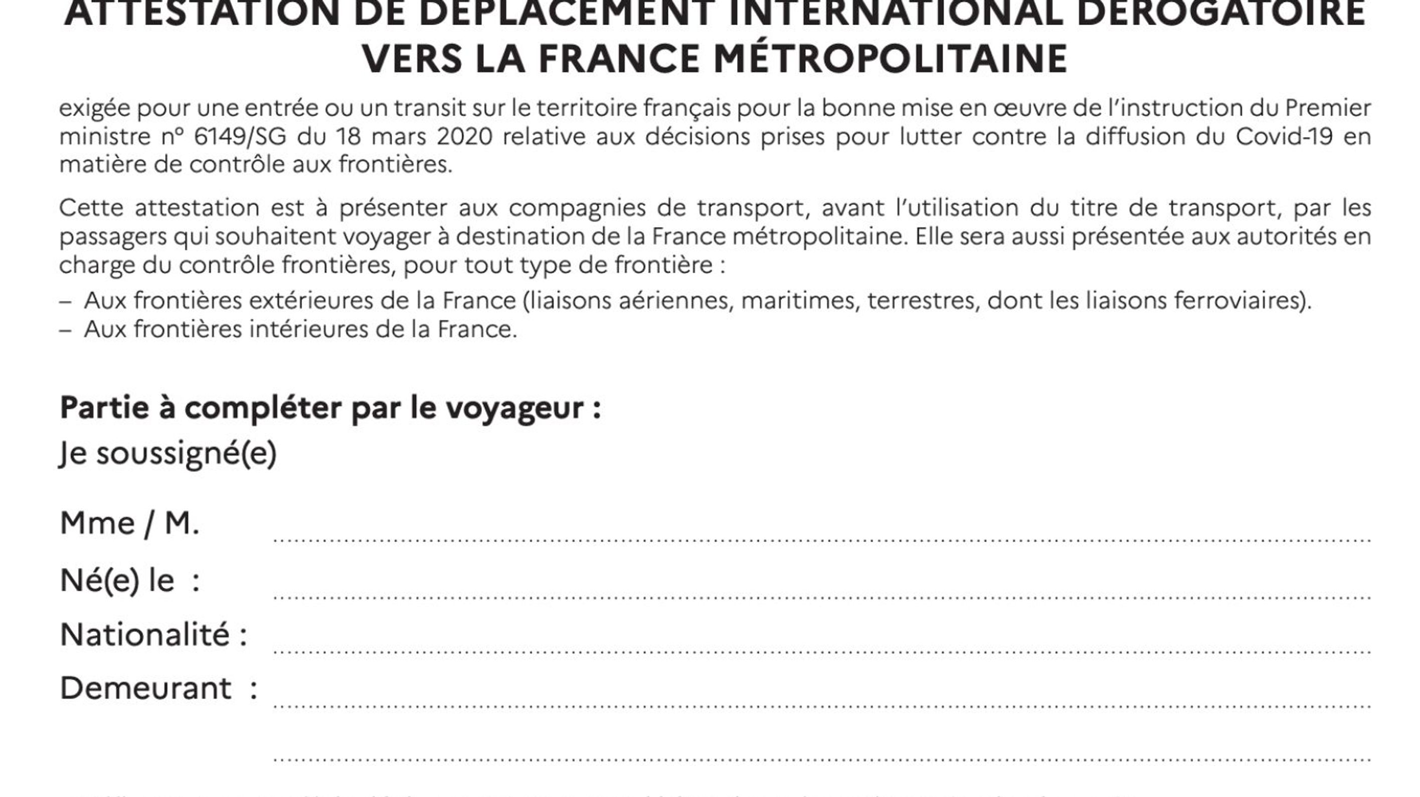 Il faut une attestation pour entrer en France