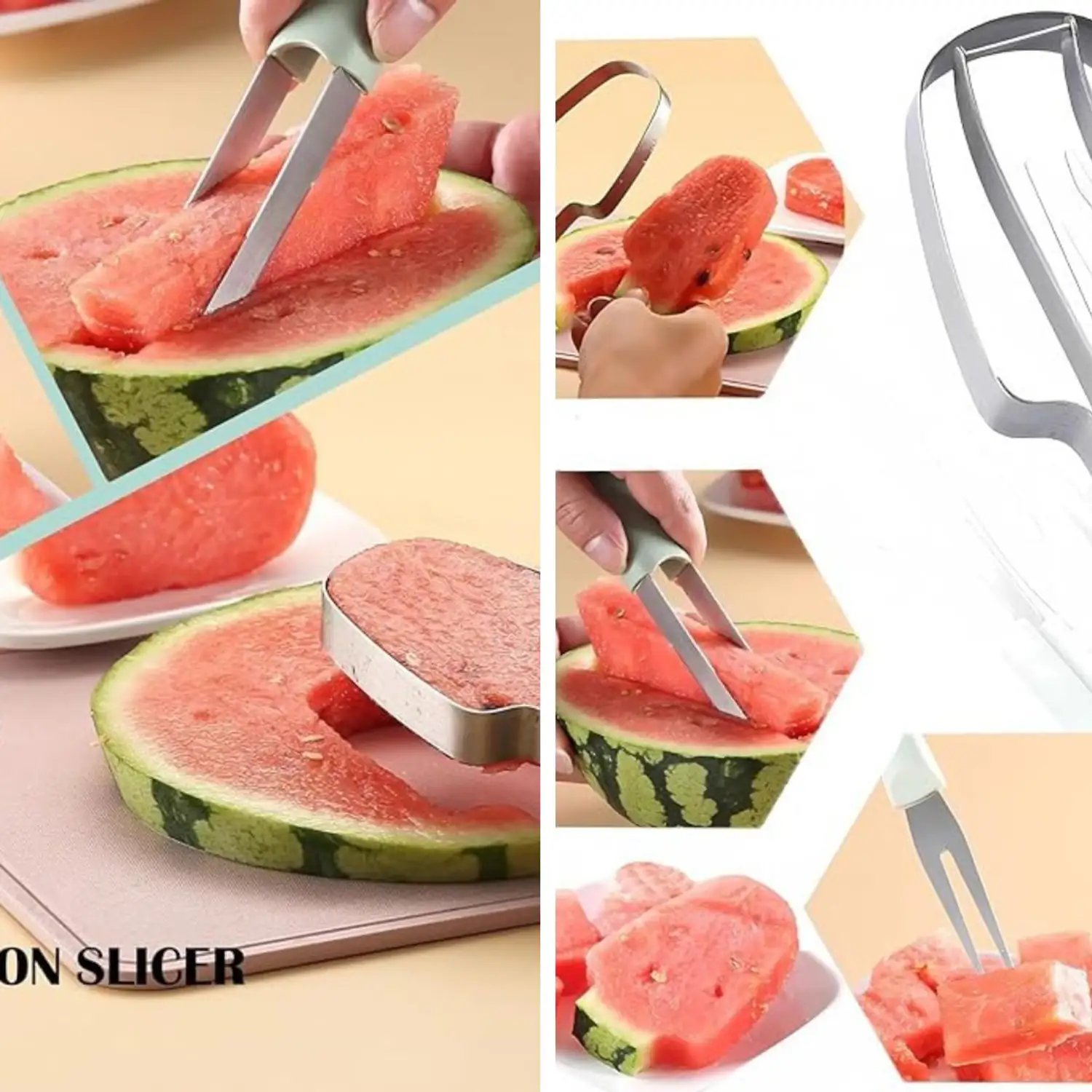 Coupe Pastèque 3 en 1 en Acier Inoxydable, Watermelon Coupe Pastèque Slicer Cutter, Trancheuse à Pastèque Outil Couteau Fruits pour Maison, Cuisine, Camping (Beige, 2 Pièces Coupe Pastèque 3 en 1 en Acier Inoxydable, Watermelon Coupe Pastèque Slicer Cutter, Trancheuse à Pastèque Outil Couteau Fruits pour Maison, Cuisine, Camping (Beige, 2 Pièces