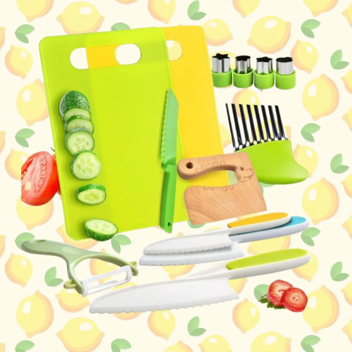 Lot de 24 couteaux de cuisine en bois pour enfants avec gants, planche à découper, couteaux froissés pour fruits et légumes, couteaux pour tout-petits pour une véritable cuisine sans danger pour les
