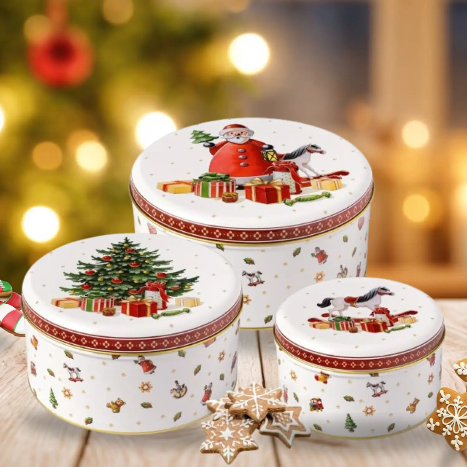 YARNOW Lot De 3 Boîtes De Rangement Métalliques Noël - Fer Blanc Biscuits Et Cadeaux - 9.8 X 9.8 X 3.9 Pouces