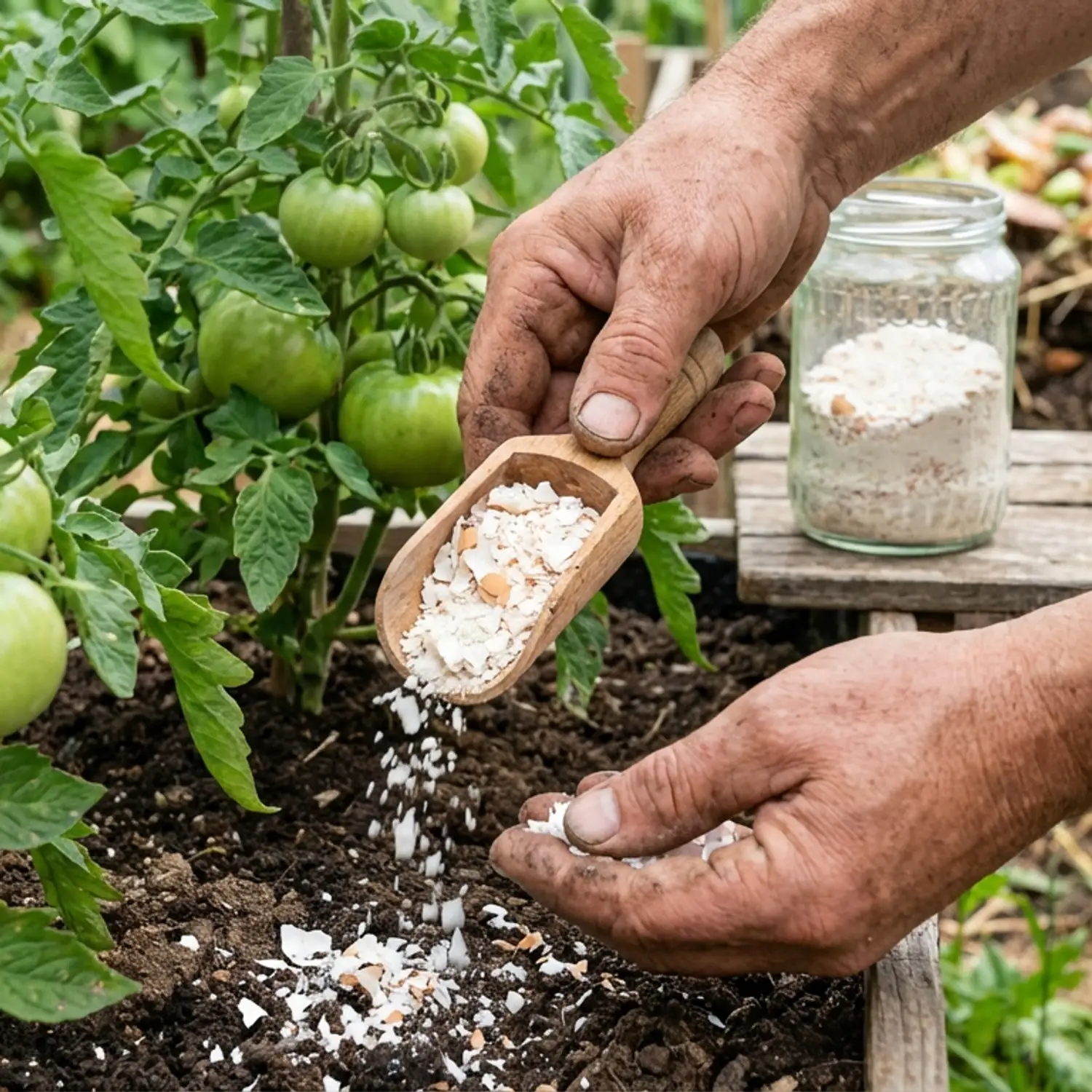 Crushed eggshells being added to soil near tomato plants